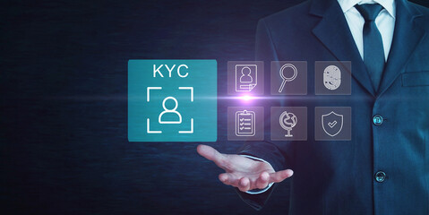 Interactive KYC compliance interface: A digital screen interface for Know Your Customer (KYC) compliance and security with a virtual symbol. Identity verification,