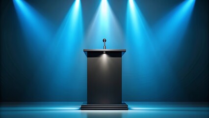 Black podium with beamed light on blue background for award ceremony presentation