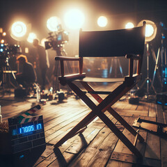 Director's chair on set production, blurred background.