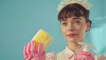 Poster - cropped view of housekeeper in pink rubber gloves 