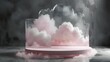 © Oleg - Pink smoke cloud emerging from a white pedestal in a black room, volumetric fog and ambient occlusion render, video art