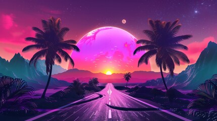 Wall Mural - Retro Sunset Drive with Palm Trees and Giant Pink Planet