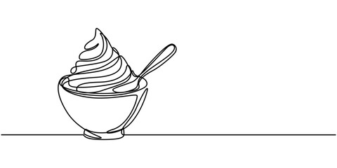 Whipped cream in a bowl in continuous one line art style. Simple vector illustration, Whiping cream in a bowl in continuous one line art style. Concept of cooking, baking. Simple vector illustration