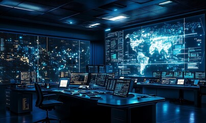 Leinwandbilder - High-Tech Control Room Monitoring Real-Time Encryption Processes and Threat Detection