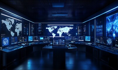 Leinwandbilder - High-Tech Control Room Monitoring Real-Time Encryption Processes and Threat Detection