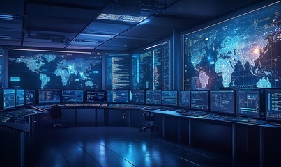 Leinwandbilder - High-Tech Control Room Monitoring Real-Time Encryption Processes and Threat Detection