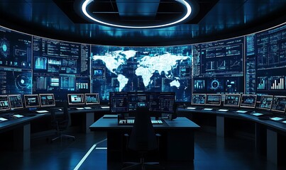 Leinwandbilder - High-Tech Control Room Monitoring Real-Time Encryption Processes and Threat Detection