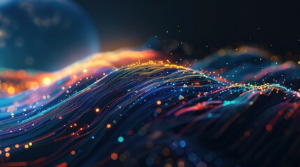 Abstract Digital Landscape with Colorful Lines and Glowing Particles