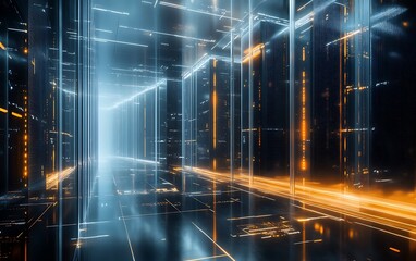 Leinwandbilder - Futuristic Data Center with Encrypted Data Streams Flowing Through Secure Servers