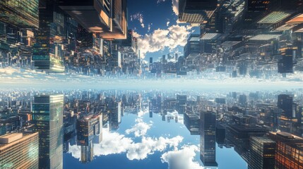 Surreal Reflections of an Inverted City: Unique 3D Illustration of Upside-Down Cityscape Merging with Mirrored Reality