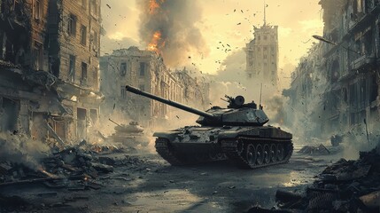 A powerful tank stands amidst ruins of war torn city, evoking sense of destruction and desolation. Smoke and debris fill air, creating dramatic atmosphere. 