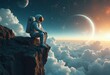 © MeSSrro - A spaceman sitting on the height on the rock and looking at horizon, lost in the space at night.