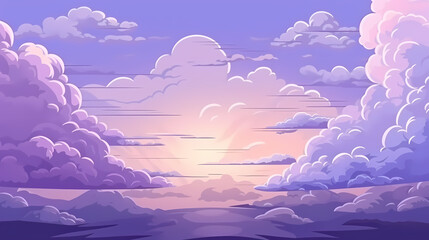 Evening cloudy sky purple. Anime style background with shining sun and white fluffy clouds. Sunny day sky scene cartoon vector illustration.