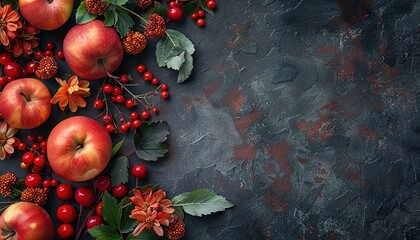 Canvas Print - Apples, wild cherry-plums, red berries and beautiful autumn flower