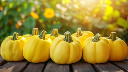 A row of bright yellow pumpkins on a wooden surface with a blurred garden background.