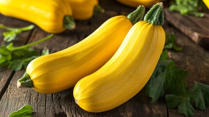 two yellow squashes on a wooden surface with green leaves.