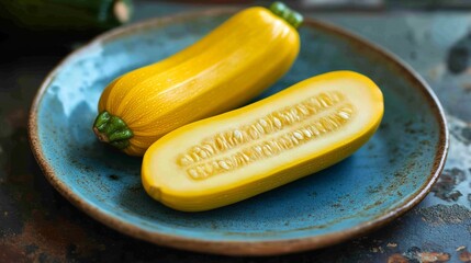 Two yellow zucchinis on a blue plate, one sliced in half to reveal its interior.