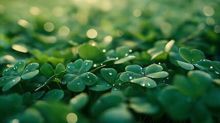 Wall Mural - 3D render of a beautiful green clover field with dew drops on the leaves. St. Patrick's Day background