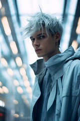 Wall Mural - Young Man with Silver Hair in Futuristic Cityscape