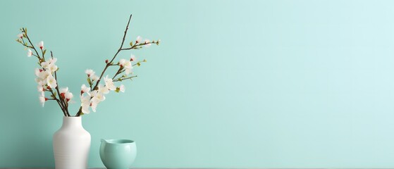 Sticker - Minimalist pastel blue background with delicate branch, evoking simplicity and elegance.