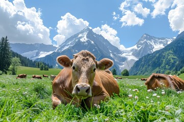 Alpine dairy cows grazing on grassy pasture in switzerland s scenic mountain meadows