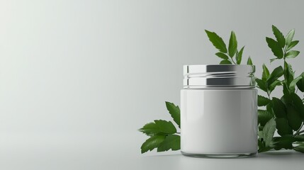 Wall Mural - Minimalist cosmetic jar with green leaves