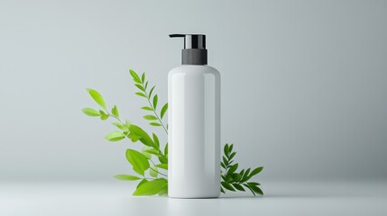 Wall Mural - Minimalist bottle with green leaves backdrop