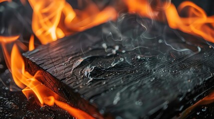 Wall Mural - A close-up shot of a wooden block engulfed in flames, with smoke rising and reflecting light in an abstract pattern.
