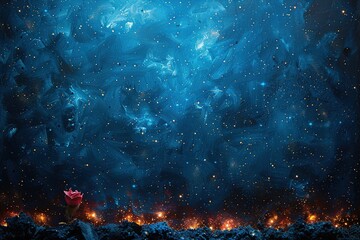 Wall Mural - a blue sky with stars and a red rose in the foreground