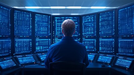 Data Analyst Monitoring Multiple Server Screens