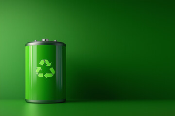 Green Battery with Recycle Symbol on Green Background