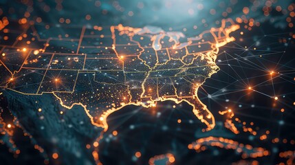 Wall Mural - a stylized map of the usa with glowing outlines and dots, suggesting connectivity and communication.