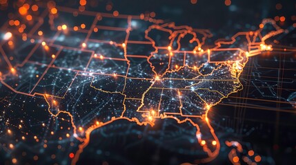 Wall Mural - an abstract image of the united states of america outlined in golden lines with glowing dots scatter
