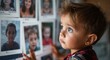 © Dk - Child observing wall of portraits, suggesting early understanding of identity