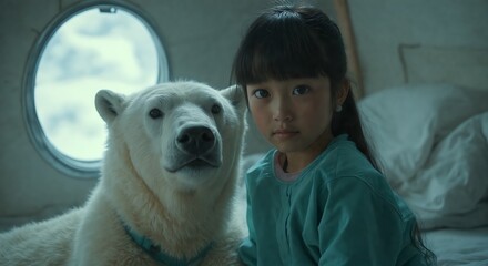 Wall Mural - Surreal image of a young Asian girl next to a polar bear, possibly in an aquarium setting. This unique portrait juxtaposes childhood wonder with conservation awareness.