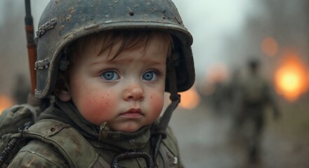 Wall Mural - Close up of a young child in military style helmet, with rosy cheeks and a somewhat bewildered expression. This image speaks to the impact of conflict on innocent lives.