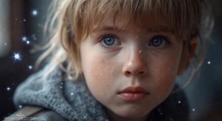 Wall Mural - Close up of a young blonde child with striking blue eyes and a slightly worried expression. This emotive portrait captures the vulnerability and depth of childhood emotions.