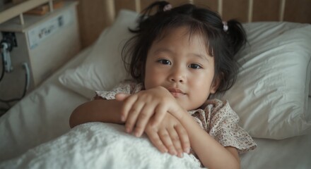 Wall Mural - Young Asian girl with short black hair lies in white bedding, her thoughtful expression and slightly furrowed brow suggesting deep contemplation