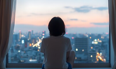 young beautiful woman sitting side way on a wide window frame where the night city lights ,Generative AI