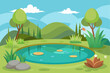 © Design Crea - Tranquil Pond Surrounded by Lush Greenery and Hills