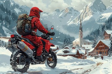 Sticker - A man in a red suit is riding a motorcycle in the snow