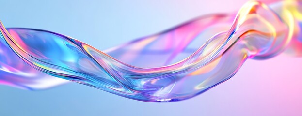 abstract iridescent liquid wave on a blue and pink gradient background.