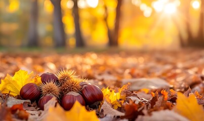 Wall Mural - Chestnut fruits in a forest full of autumn splendor, Generative AI