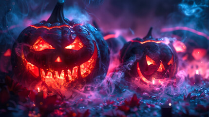 Wall Mural - Happy Halloween. Decorations for Halloween. A pair of evil pumpkins with burning eyes are surrounded by smoke. All Saints' Night