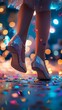 © arhendrix - Sparkling shoes on a dance floor, surrounded by colorful confetti and vibrant bokeh lights.