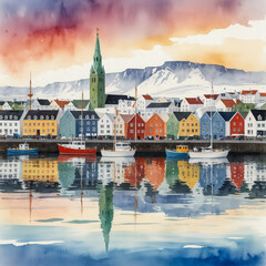 Wall Mural - Watercolor illustration of Reykjavík Harbor, showcasing the vibrant and picturesque coastal scene of Iceland’s capital city.