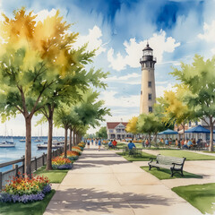 Wall Mural - Watercolor illustration of Kenosha’s HarborPark, capturing the charm and beauty of this waterfront area.