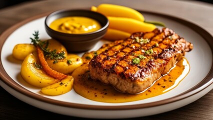  Deliciously grilled steak with a side of roasted vegetables and a creamy sauce