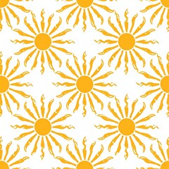 Wall Mural - A repeating pattern of sun motifs in yellow on a white background.