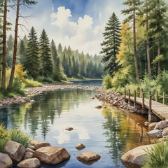 Wall Mural - Watercolor illustration of Itasca State Park, focusing on the headwaters of the Mississippi River. The scene should feature the tranquil spot where the river begins its journey, with the clear waters 